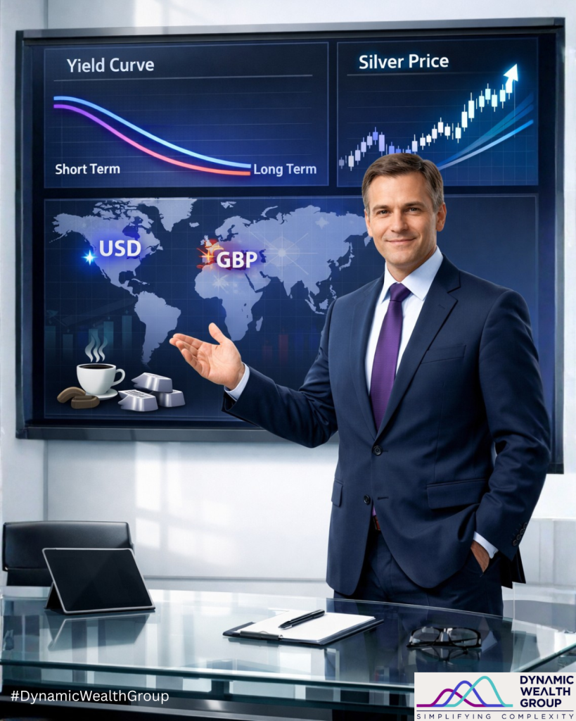 Professional financial advisor standing in a modern conference room in front of a large digital display used for the Dynamic Alpha Macro Fund December 2025 market outlook, with charts labeled “Yield Curve” showing short-term vs long-term rates, “Silver Price” with a rising price trend, and a world map highlighting USD and GBP currency regions alongside coffee beans, a steaming cup, and silver bars to symbolize macro themes across rates, FX, and commodities. The Dynamic Wealth Group logo and hashtag #DynamicWealthGroup appear in the foreground as the advisor gestures toward the screen, visually tying together conversations about a global macro futures strategy, DYMIX performance, Treasury futures positioning, a potential yield curve flattener, British pound vs USD moves within a possible U.S. dollar secular bear market, silver outlook 2026, and how these ideas can fit into a diversified macro portfolio and broader alternative investment strategy. Dynamic Wealth Group posted this image. Visit https://www.DynamicWG.com.