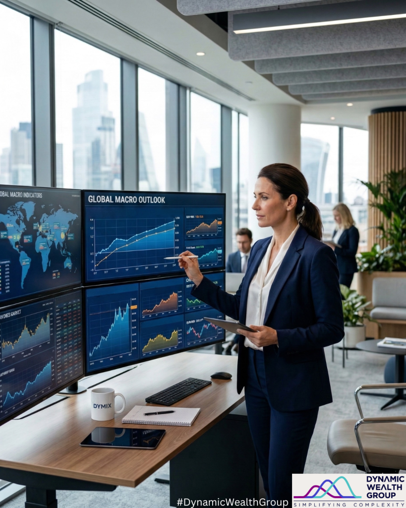 Professional portfolio manager in a modern investment office reviewing multi-screen dashboards with global macro charts, Treasury market outlook visuals, commodity investing trends, and market data for the Dynamic Alpha Macro Fund February 2026 market outlook, reflecting active macro investing and a disciplined alternative investment strategy in this February 2026 market commentary. Dynamic Wealth Group posted this image. Visit https://www.DynamicWG.com.