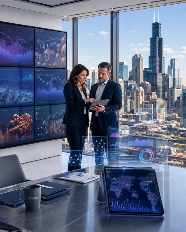 Two financial advisors review macro market data in a modern strategy room overlooking the Chicago skyline, with digital screens and analytics displays suggesting the May 2026 global macro market outlook, risk management, and disciplined investment strategy. Dynamic Wealth Group posted this image. Visit https://www.DynamicWG.com.